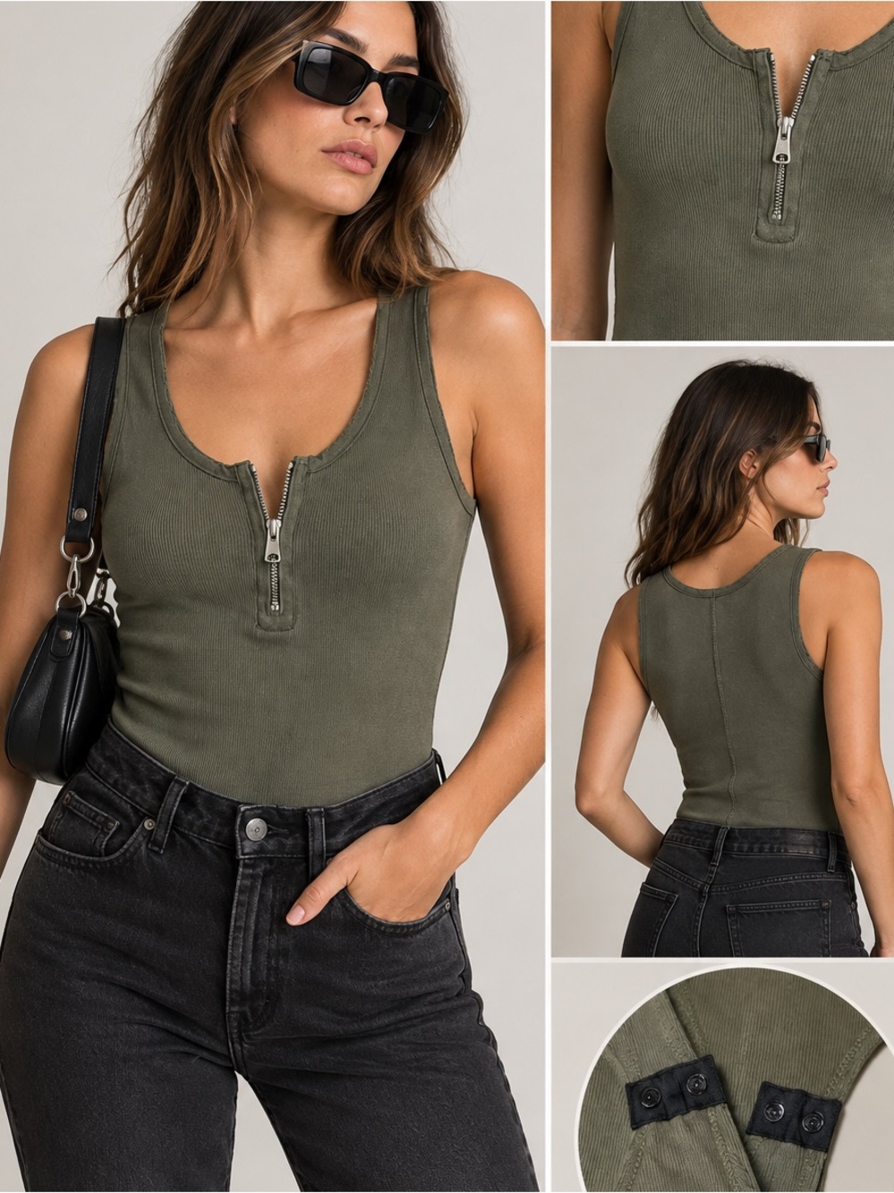 AllSaints Olive Ribbed Zip All Saints Alicia Bodysuit Raw Edge US 8